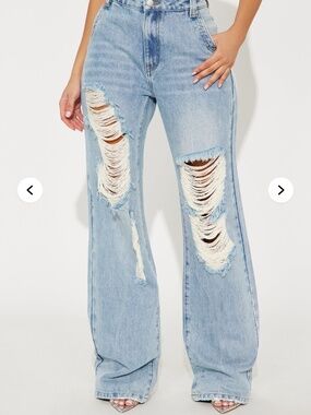 Fashion Nova Light Wash Distressed Wide Leg Jeans Ripped High Rise